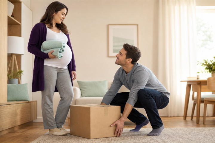 Expectant parent holds a mint blanket while a partner crouches to lift a cardboard box.