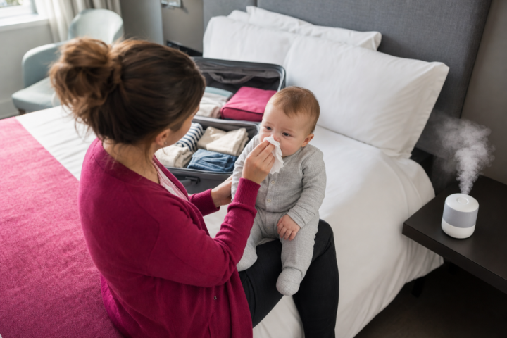 Parent gently wipes an upright baby's nose in a bright hotel room.
