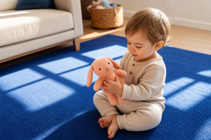 Awake toddler holds a peach plush rabbit on a cobalt rug