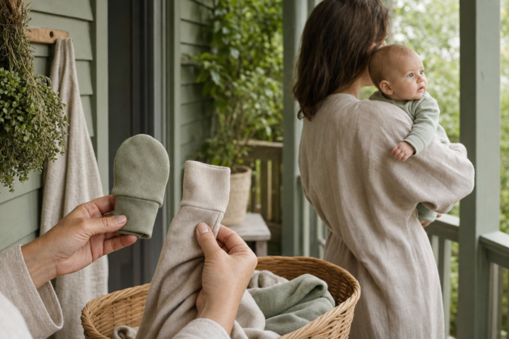 Caregiver compares a sage baby mitten with a fold-over sleeve as an awake infant is held nearby.