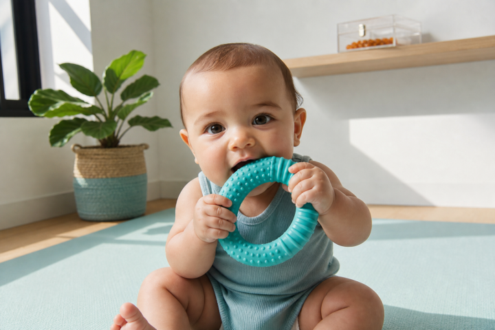 Awake baby chews a large aqua teething ring on a sunlit nursery floor mat.