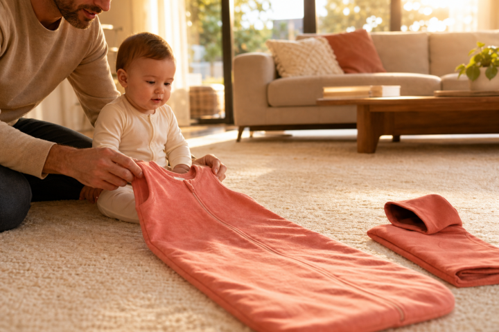 Father and awake baby compare a coral sleep sack with a folded hoodie in a sunlit living room.