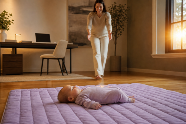 A mother approaches her drowsy baby lying on a lavender playmat in a sunlit home workspace.