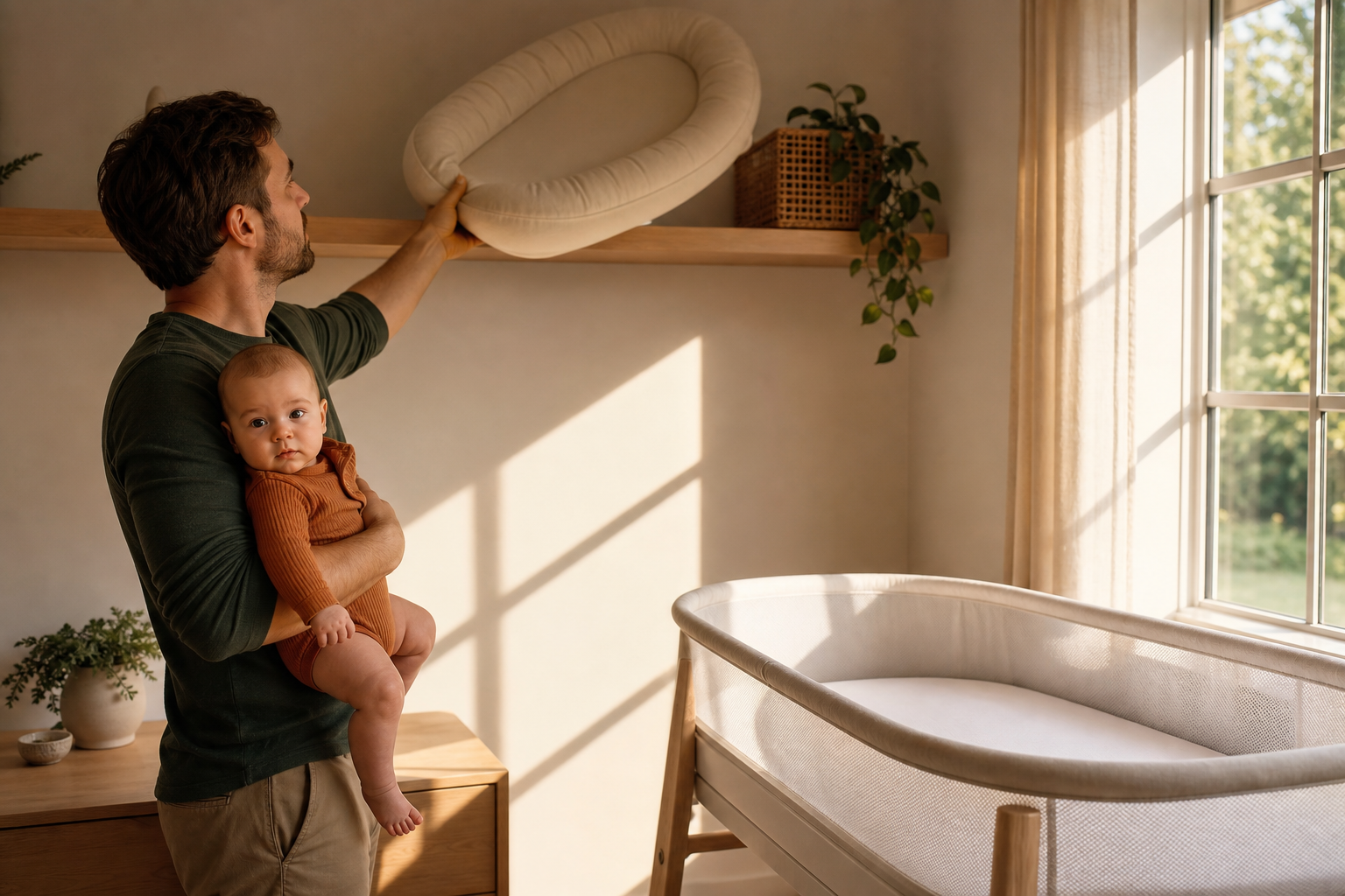 A father holds his awake baby while placing an empty infant lounger on a high shelf beside a sunlit bassinet.
