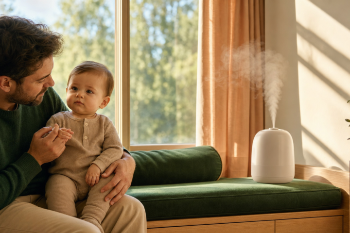 Father holds his baby beside a sunlit humidifier