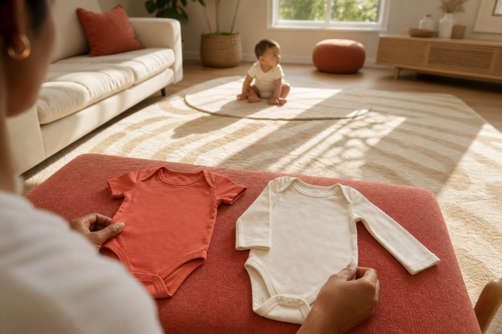 Caregiver compares coral and cream cotton onesies as baby plays nearby