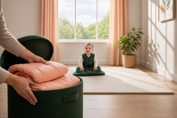 Caregiver stores an apricot duvet while an awake baby sits in a green sleep sack.