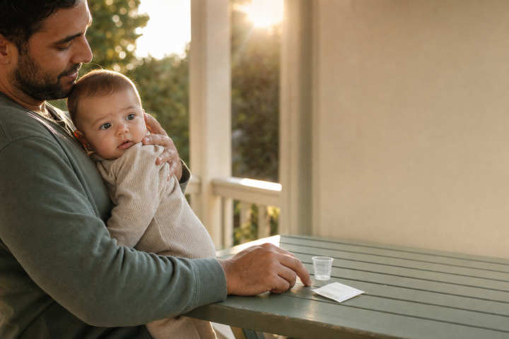 Father holds his alert baby upright beside an unbranded medicine cup on a sunlit porch.