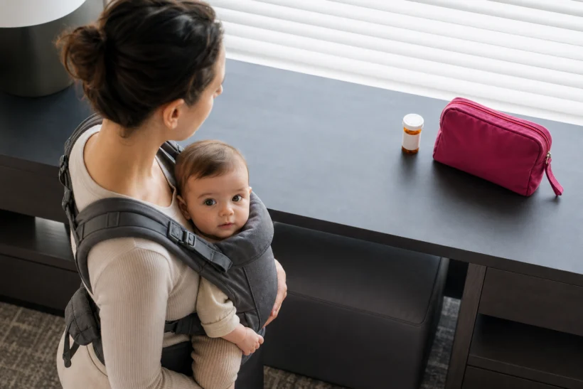 Parent carrying an alert baby looks toward a closed prescription bottle on a hotel desk