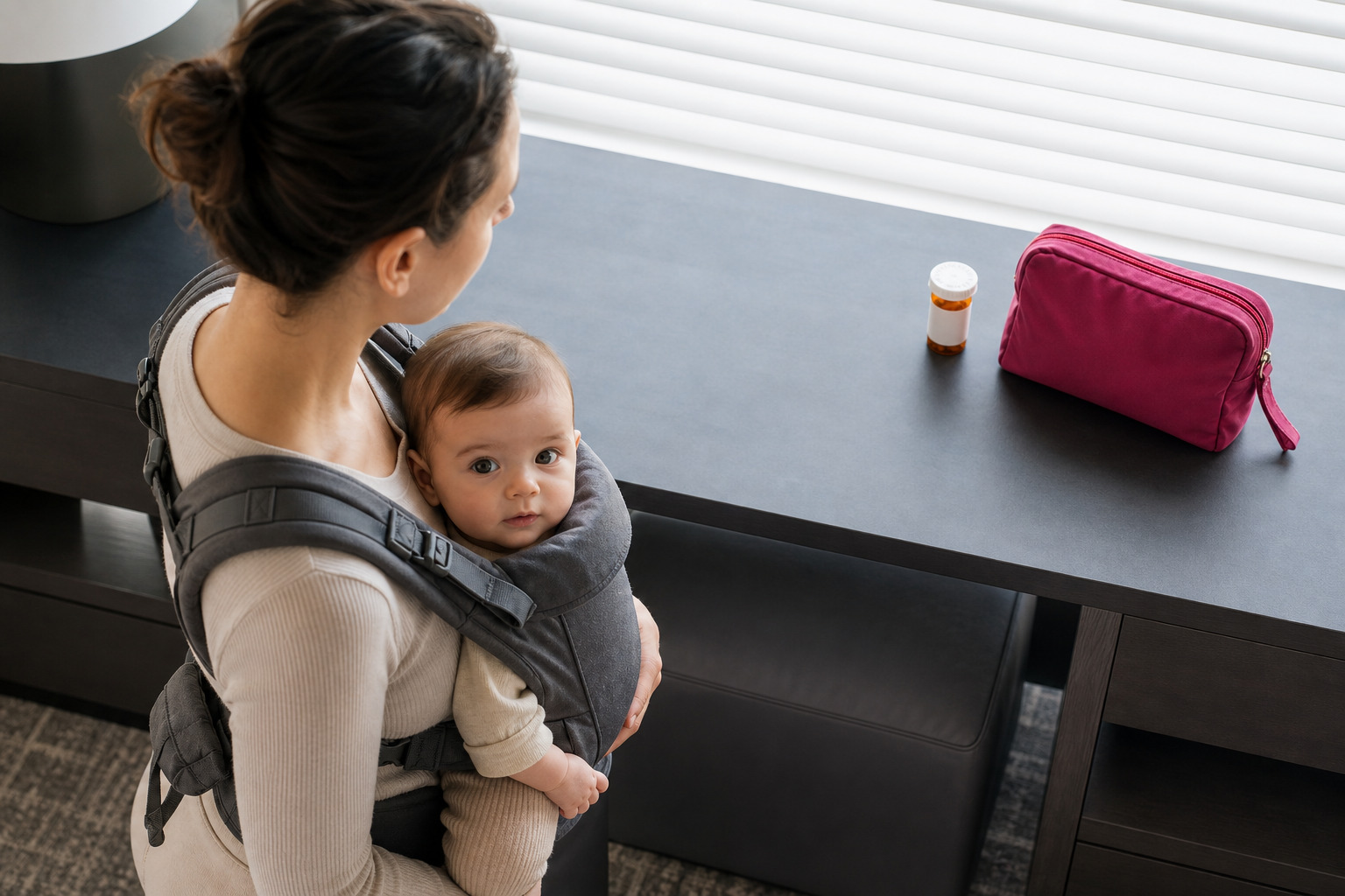 Parent carrying an alert baby looks toward a closed prescription bottle on a hotel desk