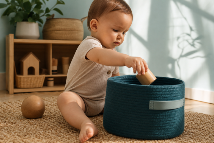 Baby places a wooden toy into a deep teal basket on a sunlit nursery rug.