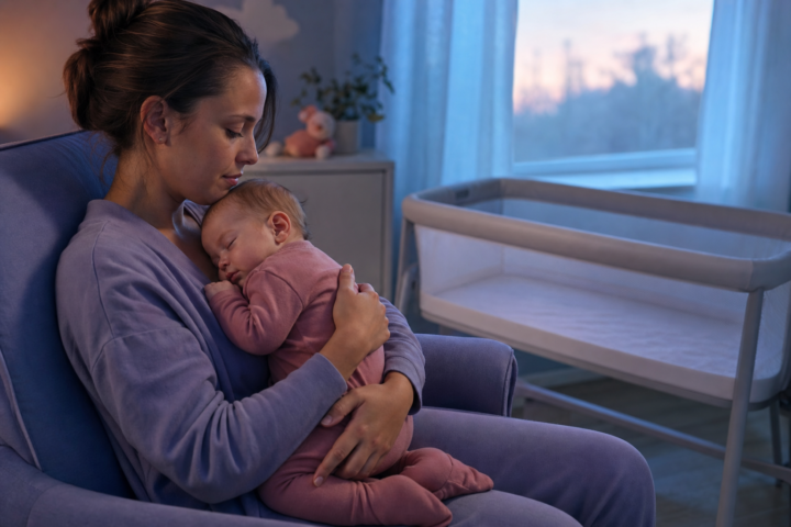 Mother cradles a sleeping baby beside an empty bassinet at dawn