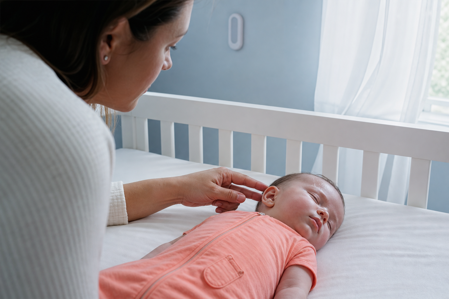 Mother checks her sleeping baby's neck in a cool blue nursery