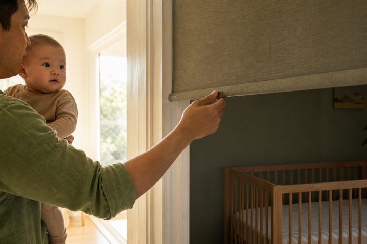 Father holding an awake baby while lowering a woven shade over a bright nursery window