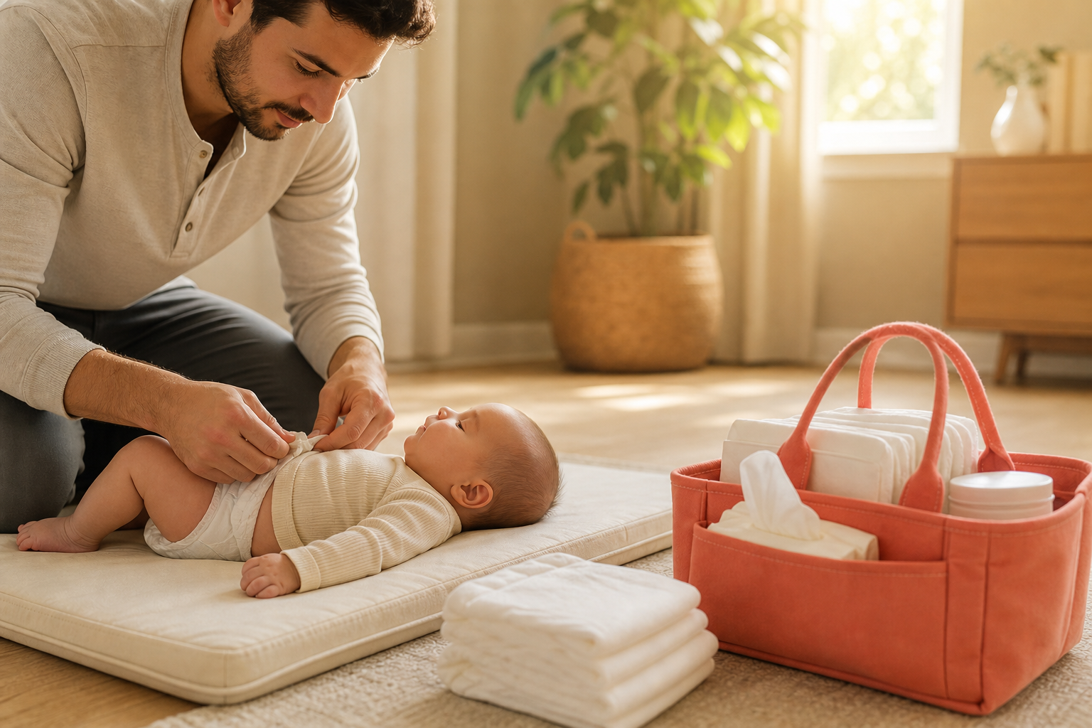 Father fastens a clean diaper on his baby on a cream living room changing mat.