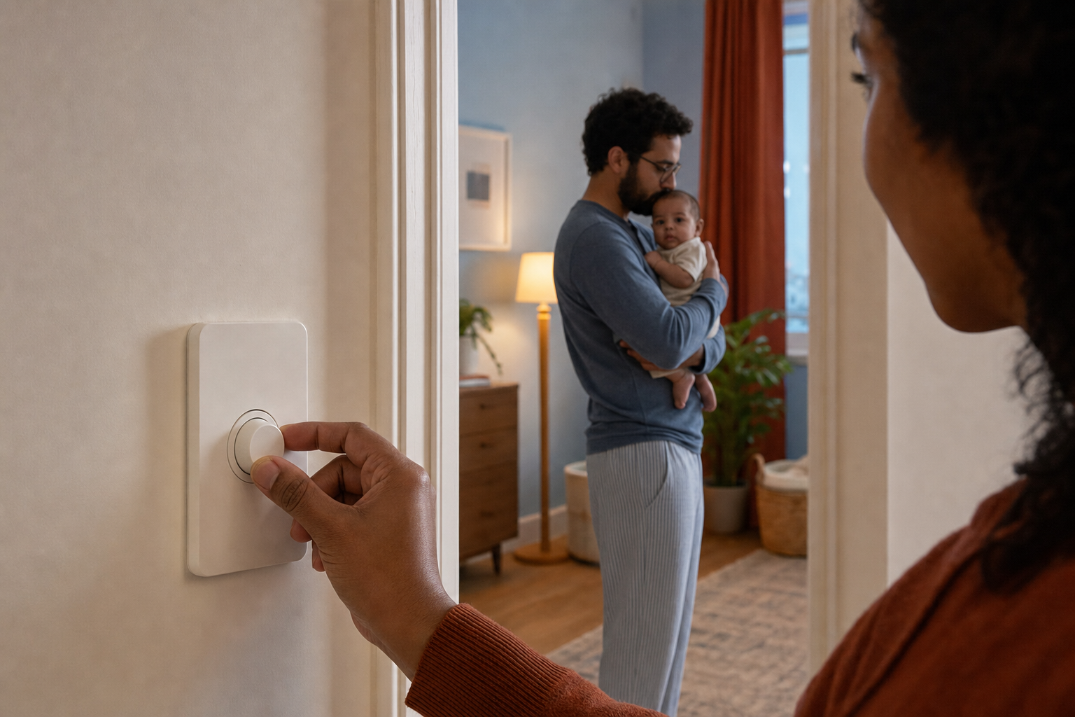 One caregiver adjusts a wall dimmer while another holds an alert baby in a bright blue room.