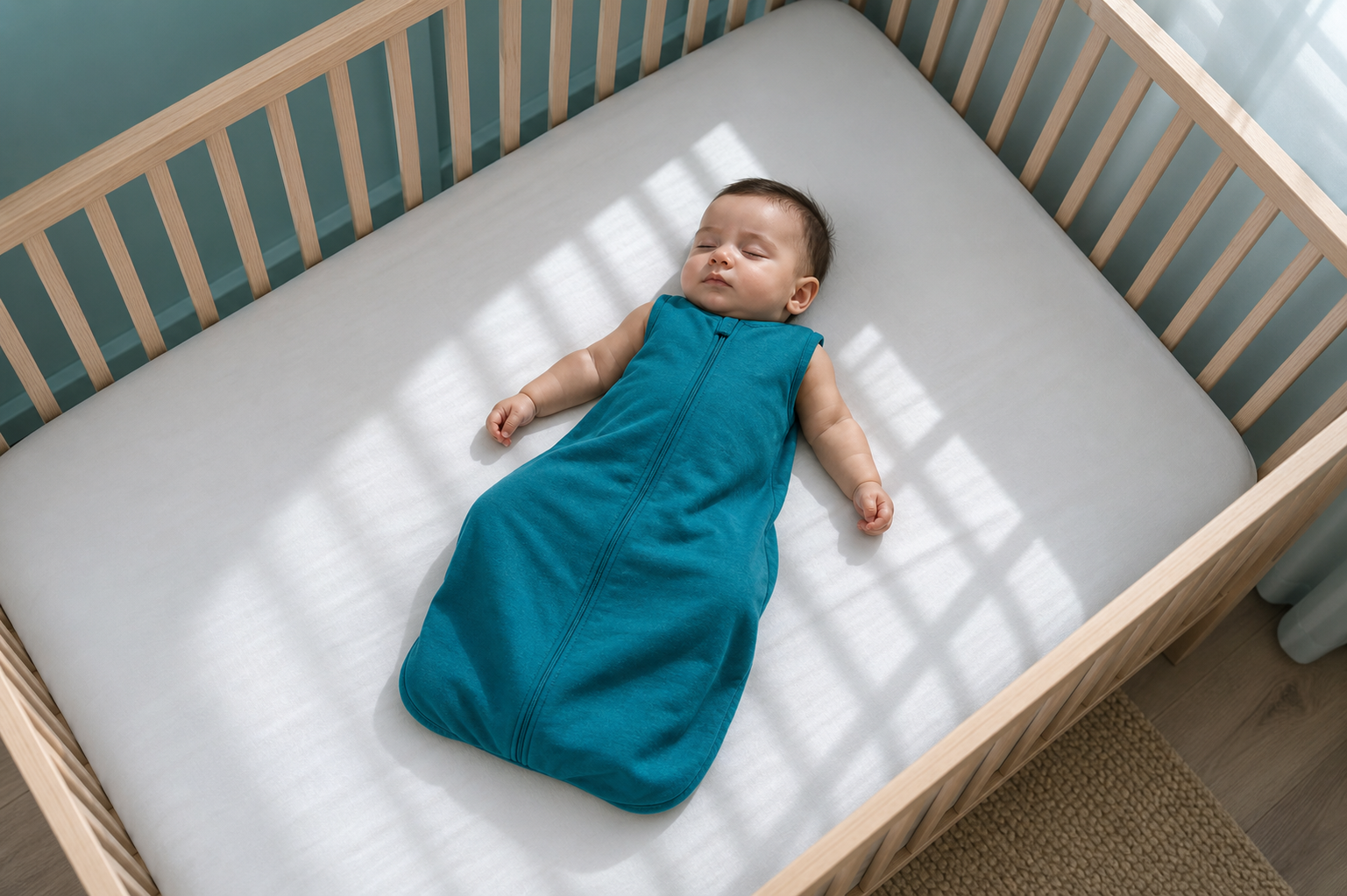 Baby sleeping on their back in a teal unweighted sleep sack on a clear crib mattress