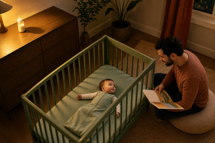 Father reads beside an awake baby in a sage crib