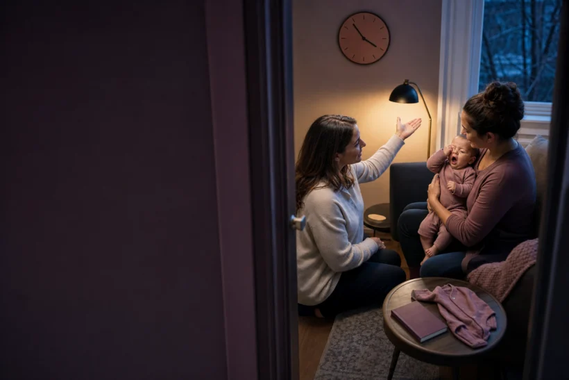 Yawning baby rubs one eye while caregiver consults sleep coach at dusk.