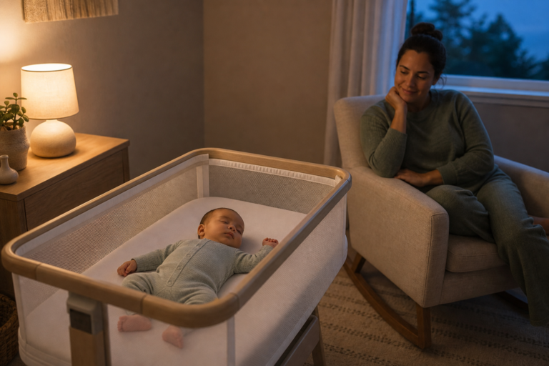Sleeping baby lies safely on back in an empty bassinet