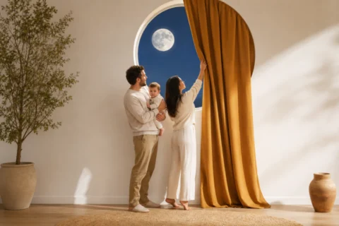 Two caregivers hold an awake baby while drawing an ochre curtain across a moonlit round window.