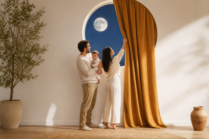 Two caregivers hold an awake baby while drawing an ochre curtain across a moonlit round window.