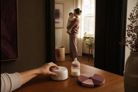 Mother holds an awake infant in a sunlit room as a hand adjusts white noise