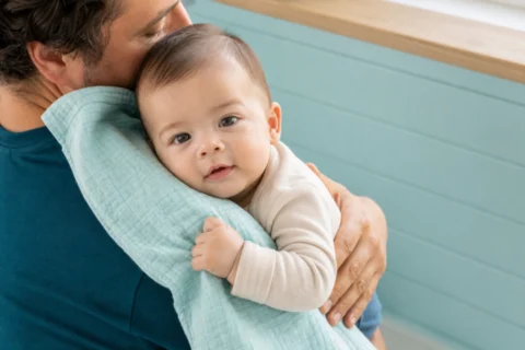 Parent holds an alert baby upright against a pale aqua burp cloth in bright daylight.