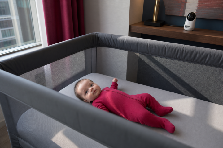 Awake baby in raspberry pajamas lies on their back in a sunlit hotel travel crib