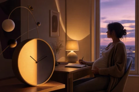 Pregnant woman rests at a desk beside a glowing amber clock at dusk