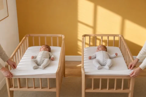 Infant twins lie on their backs in separate wooden cribs while caregivers smooth the fitted sheets.