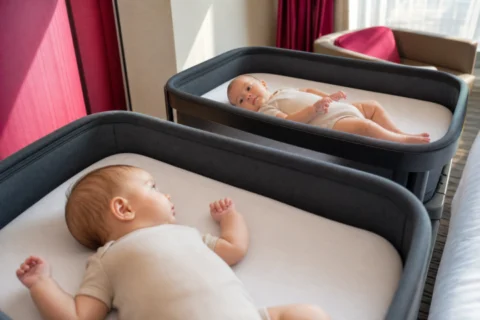 Two awake twin babies lie on their backs in separate slate-gray bassinets in a sunlit hotel room.