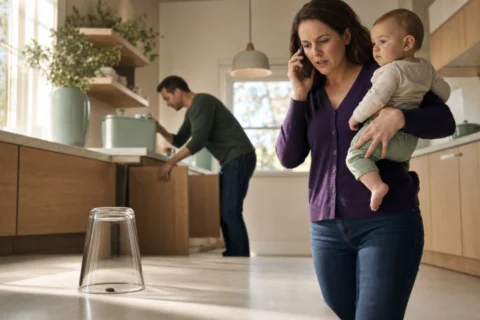 Parent holding an awake baby while calling for guidance beside a glass covering a rodent dropping.