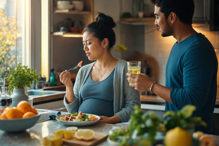 Pregnant woman reacts to the taste of food while her partner offers lemon water in a sunlit kitchen.