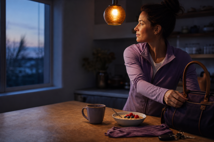 Woman packs her work bag beside breakfast before dawn