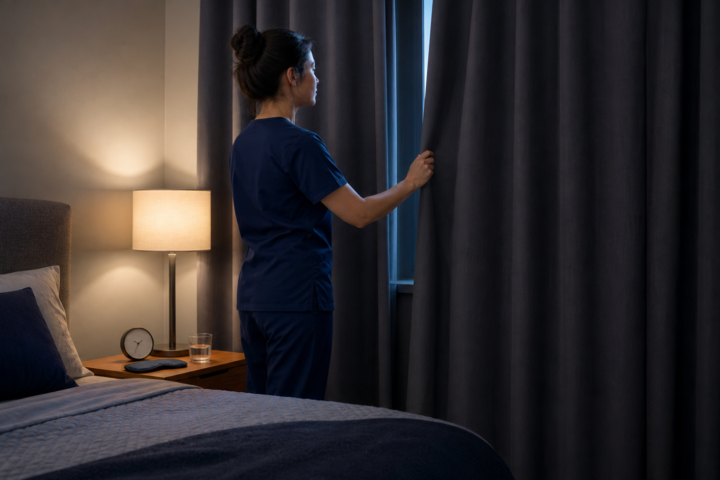 Night shift nurse closes blackout curtains beside a neatly made bed