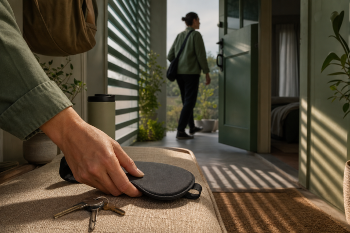 Night-shift worker sets a charcoal sleep mask beside keys in a sage entryway.