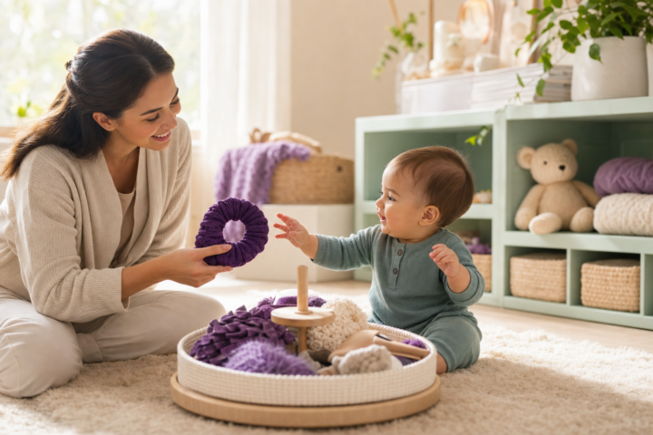 A seated baby reaches for a purple sensory ring held by a caregiver in a bright playroom.