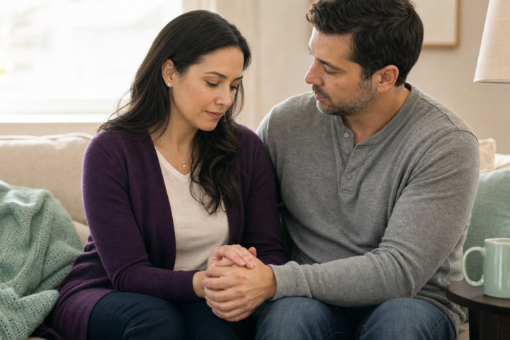 A woman in a purple cardigan holds hands with her partner during a quiet conversation about pregnancy loss.