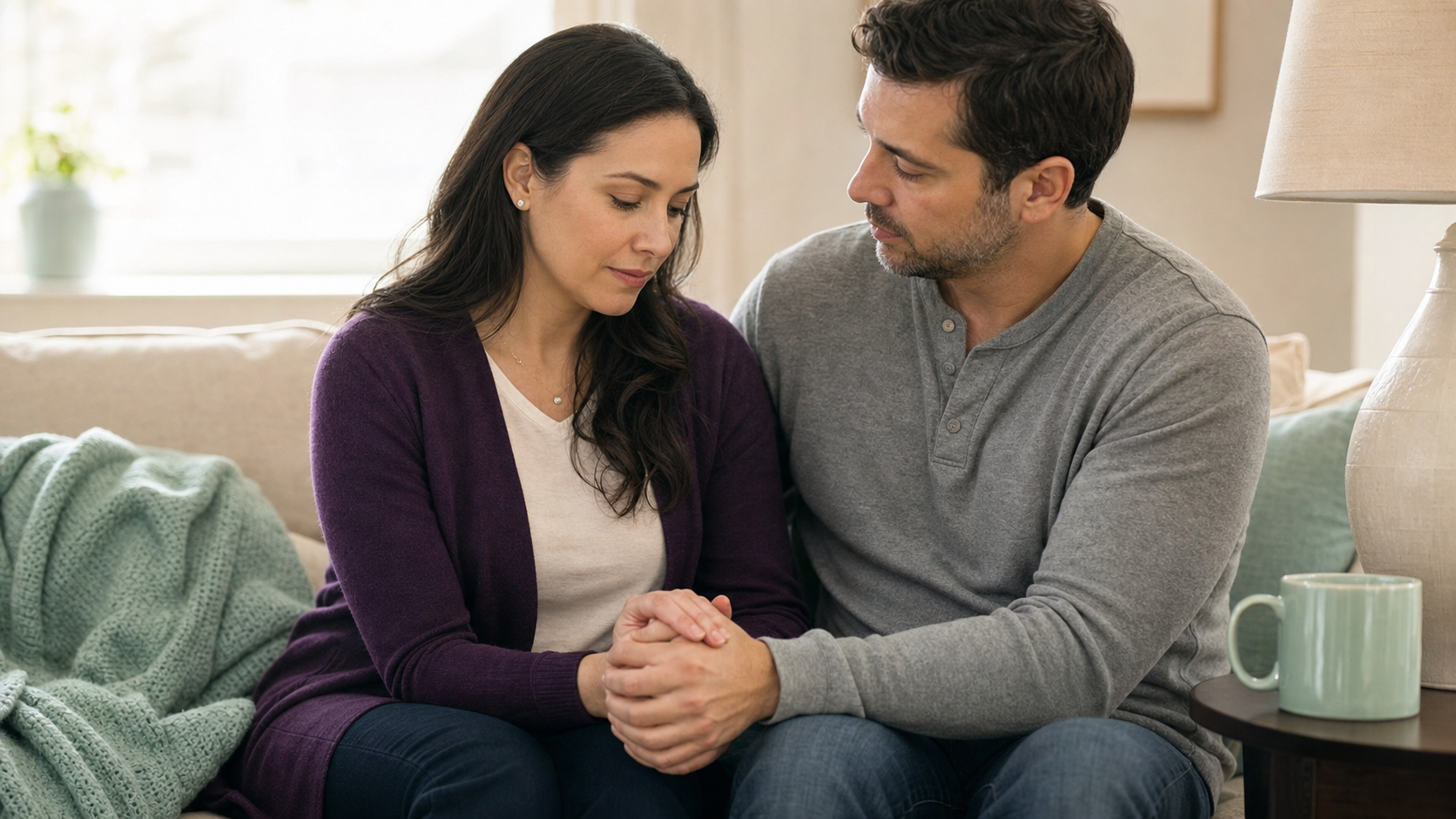 A woman in a purple cardigan holds hands with her partner during a quiet conversation about pregnancy loss.