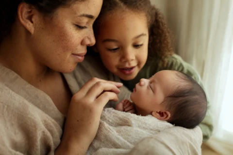 Freckled parent and older child gently admire a sleeping newborn in soft window light.