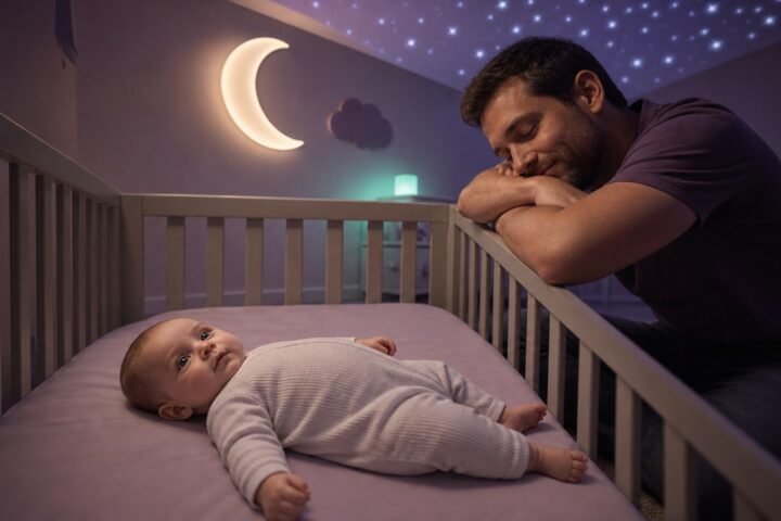 Wide-awake baby lies safely on their back in a bare crib while a tired father watches calmly beside the rails at night.