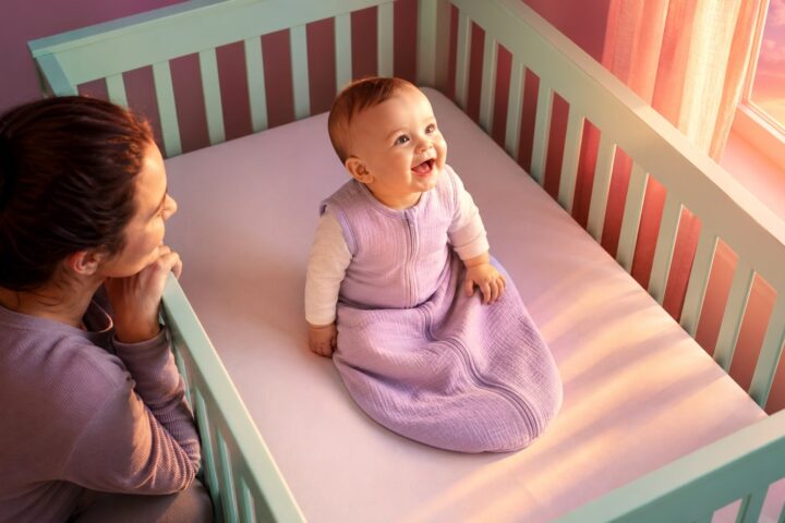 Seven-month-old baby sitting awake in an empty mint crib at coral sunrise while her mother kneels nearby