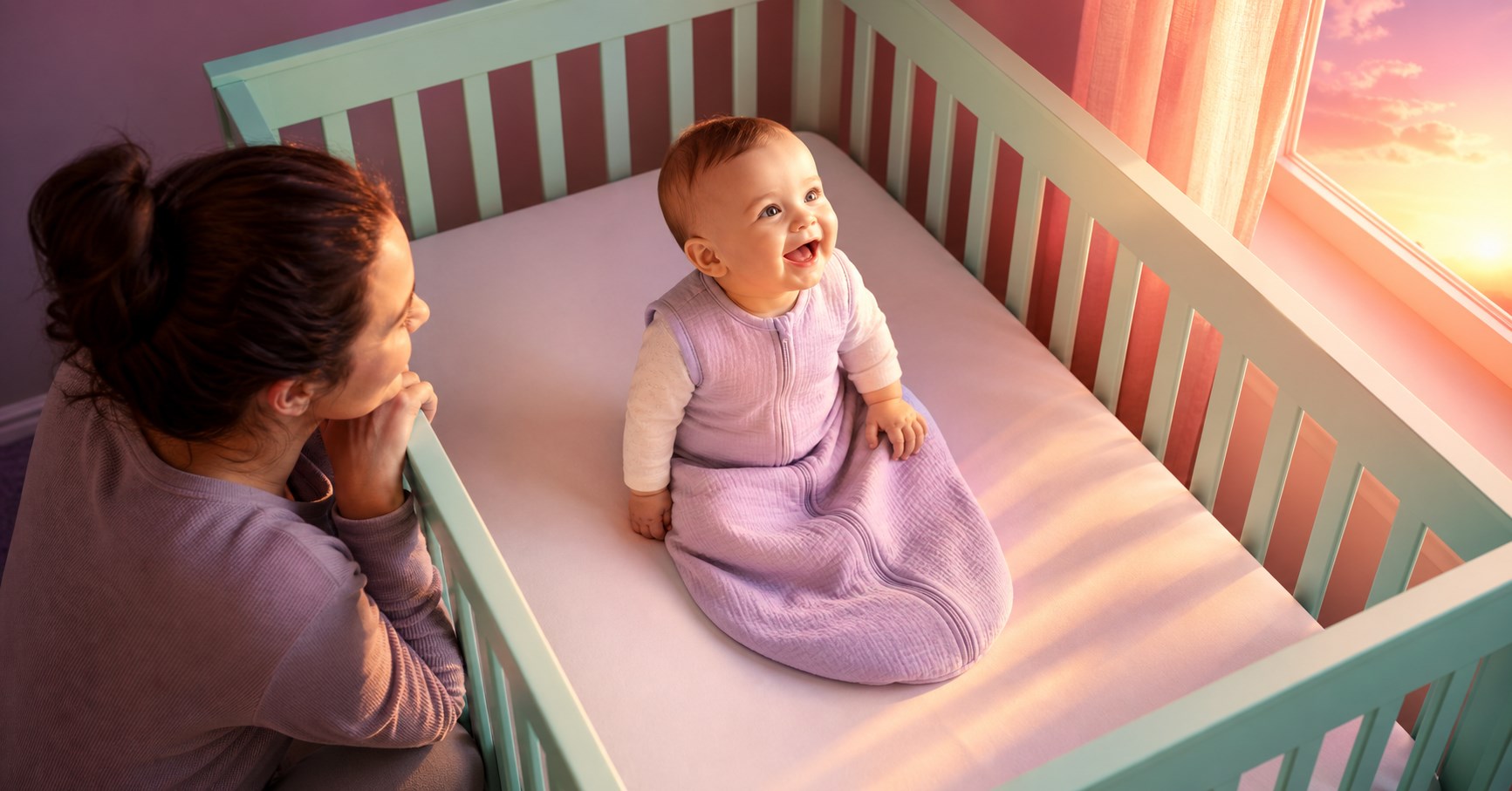 Seven-month-old baby sitting awake in an empty mint crib at coral sunrise while her mother kneels nearby