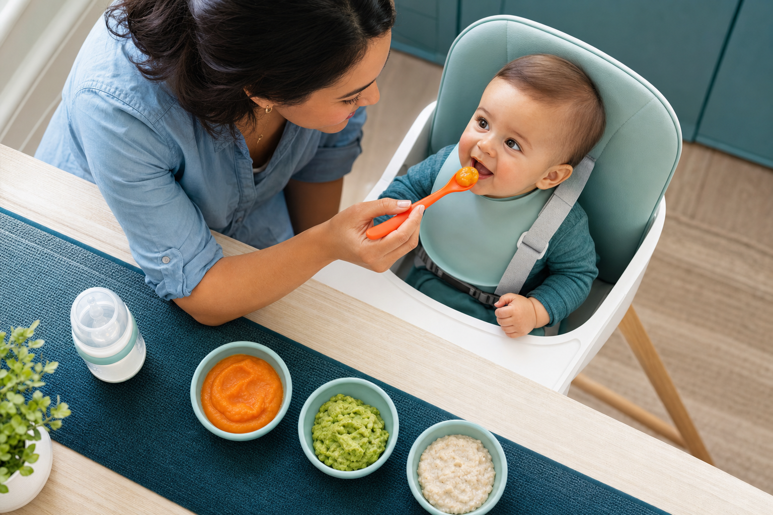 Parent spoon-feeds orange puree to baby in teal high chair