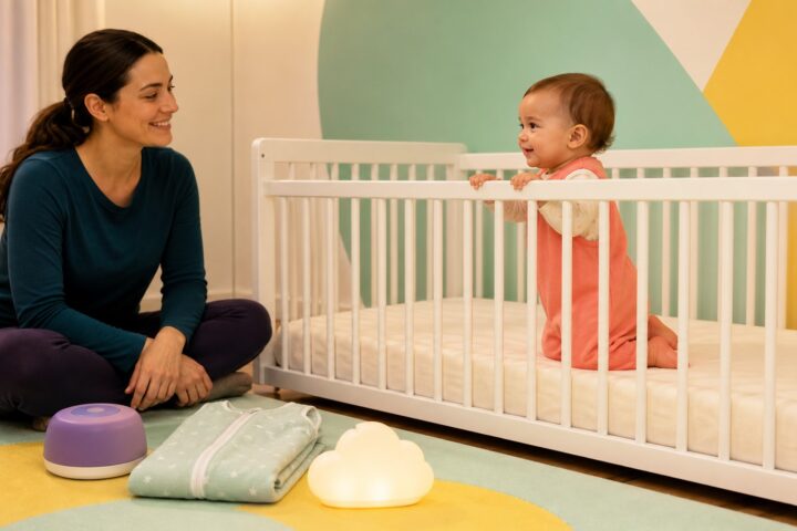A nine-month-old baby in a coral sleep sack kneels and holds an empty crib rail while a parent sits nearby on a mint and yellow rug.