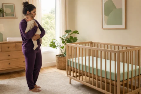Caregiver holding an awake baby beside an empty crib with a firm mint fitted sheet.