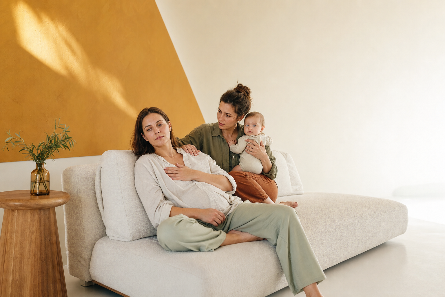 Editorial scene illustrating overcoming momsomnia: why you're afraid to sleep when baby sleeps in a bright home setting.