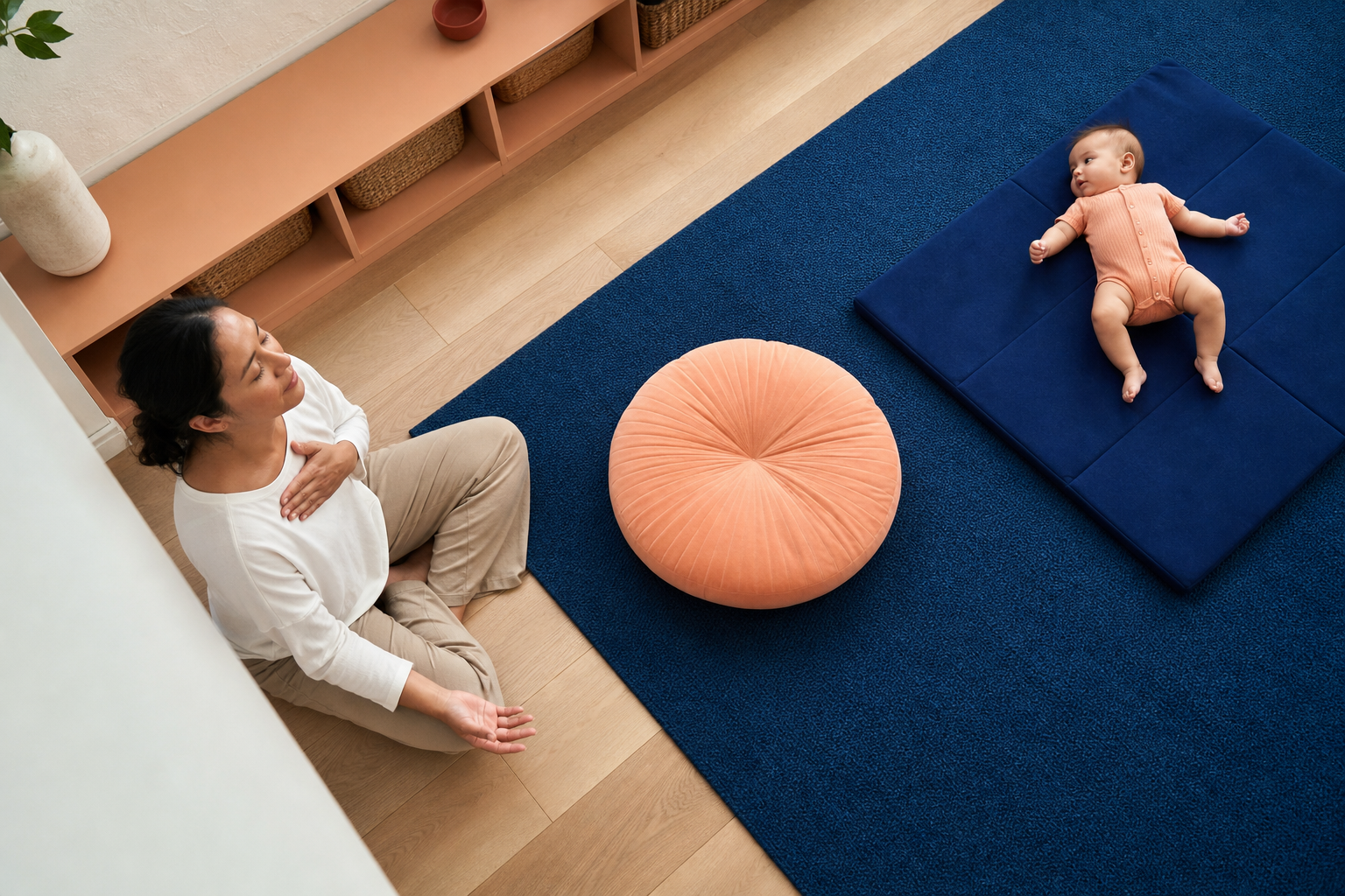 Editorial scene illustrating navigating parental anger when baby won't sleep in a bright home setting.