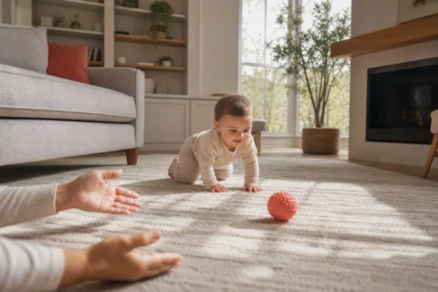 Baby crawls on bent knees across a cream rug toward a coral ball.